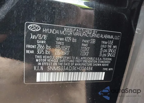 2019 Hyundai Santa Fe Sel из США, поврежденный, VIN 5NMS33AD3KH004484